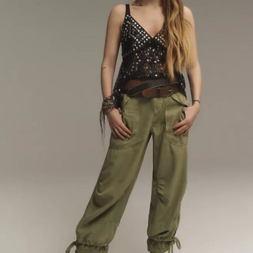 Free People Big Blooms Parachute Pants Green Pocket Drawstring S
